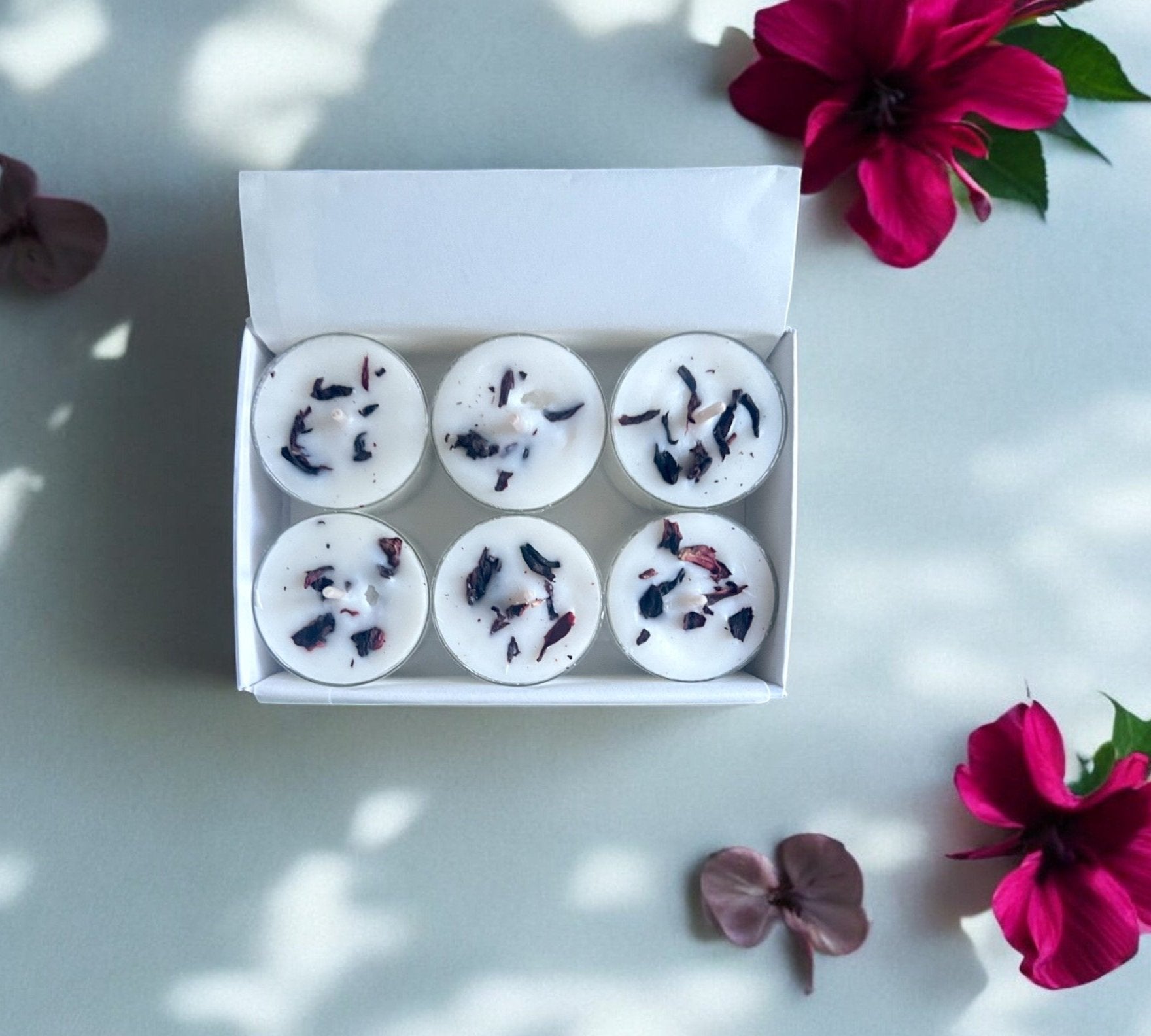 12 Dried Hibiscus Flowers Aromatherapy Tealights | Coconut & Rapeseed Botanical Candles - Scented_Burn