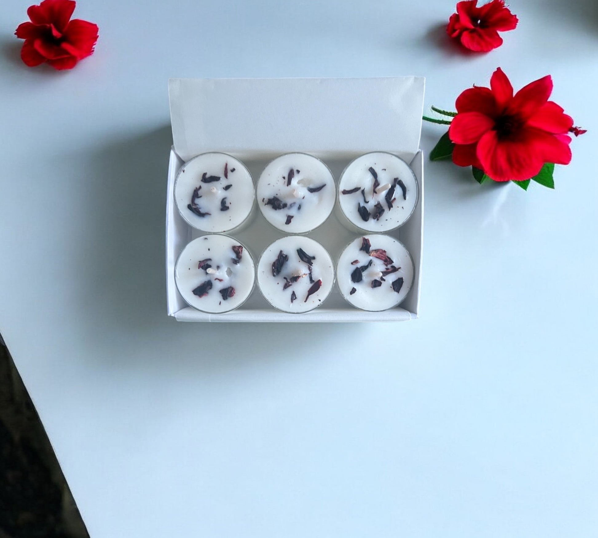 2 Dried Hibiscus Flowers Aromatherapy Tealights | Mineral Wax Botanical Candles - Scented_Burn