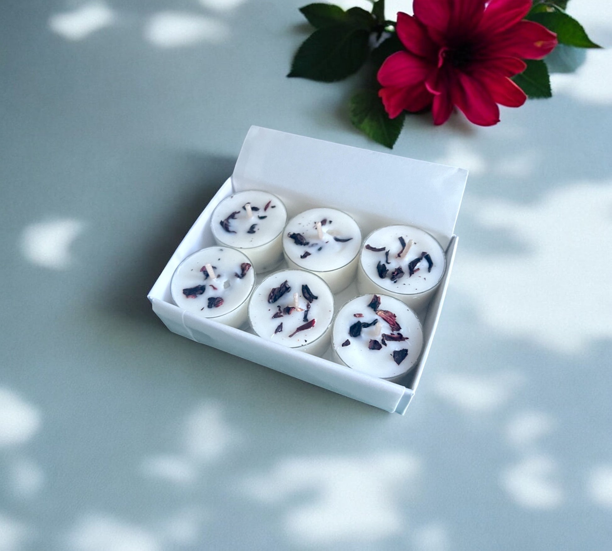 12 Dried Hibiscus Flowers Aromatherapy Tealights | Coconut & Rapeseed Botanical Candles - Scented_Burn