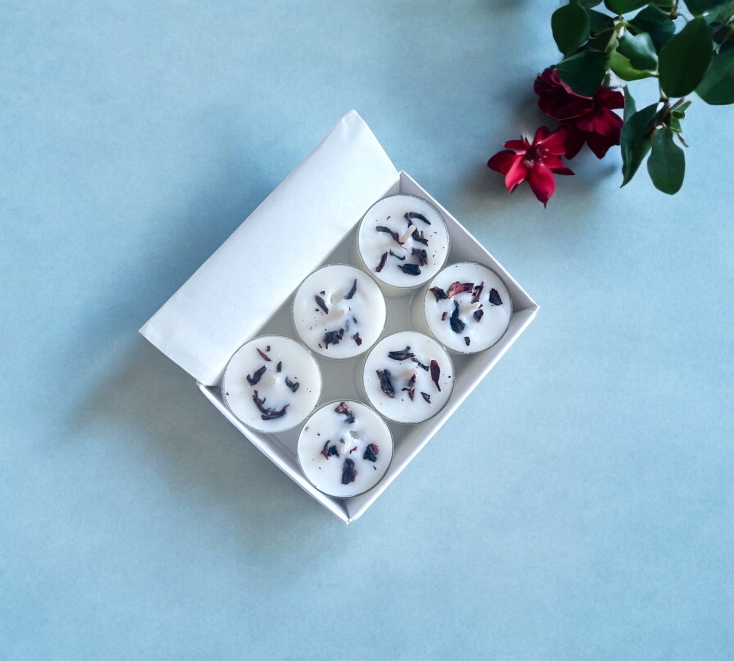 2 Dried Hibiscus Flowers Aromatherapy Tealights | Coconut & Rapeseed Botanical Candles - Scented_Burn