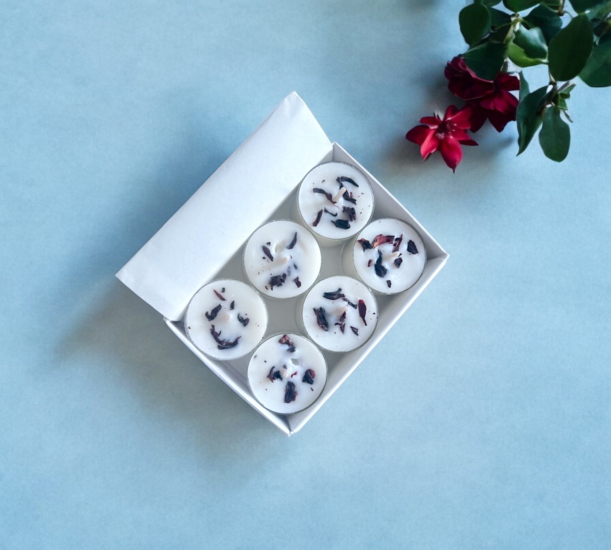 2 Dried Hibiscus Flowers Aromatherapy Tealights | Coconut & Rapeseed Botanical Candles - Scented_Burn
