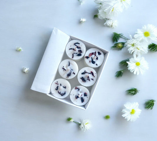 6 Dried Hibiscus Flowers Aromatherapy Tealights | Mineral Wax Botanical Candles - Scented_Burn