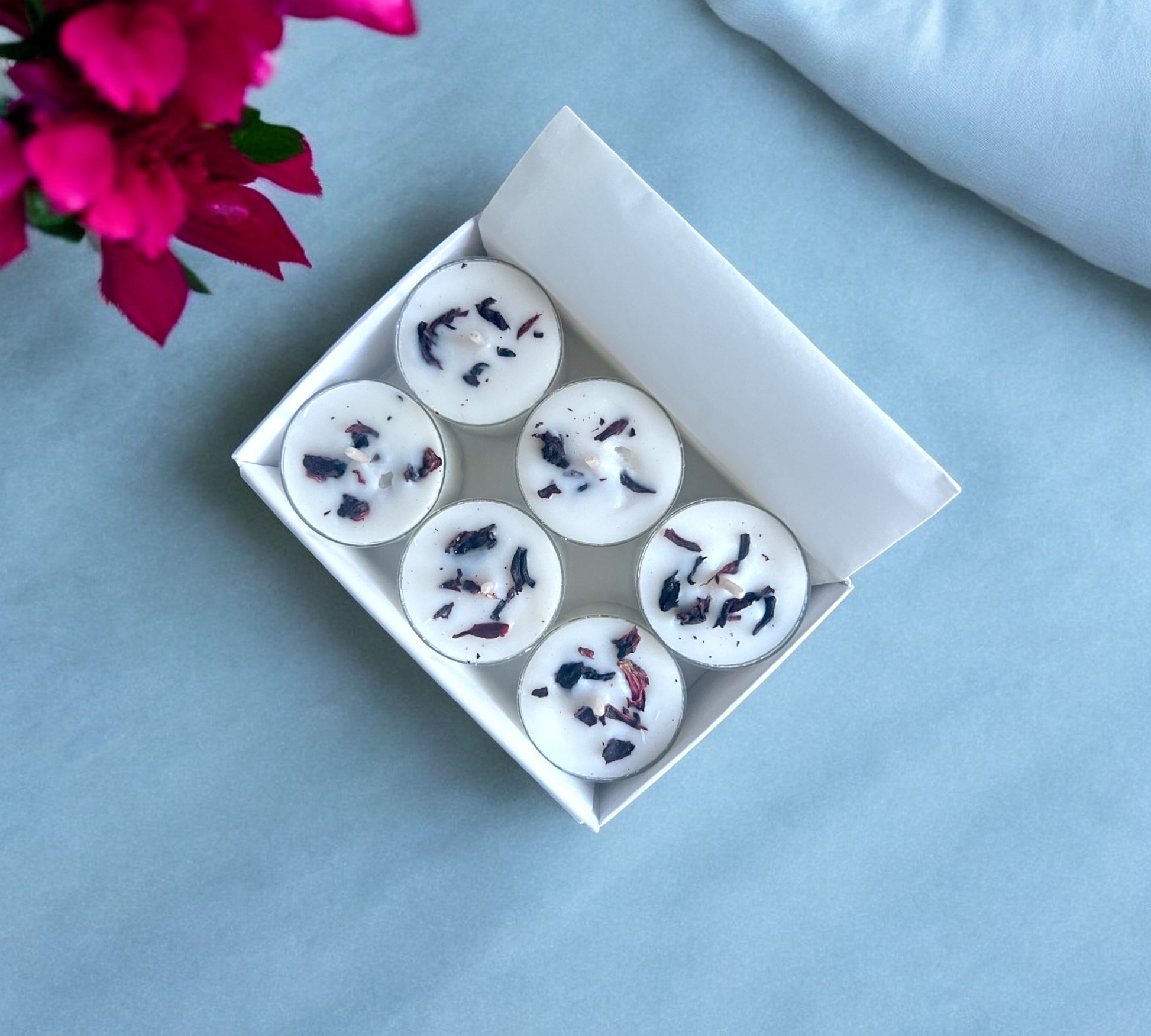12 Dried Hibiscus Flowers Scented Tealights | Coconut & Soy Botanical Candles - Scented_Burn