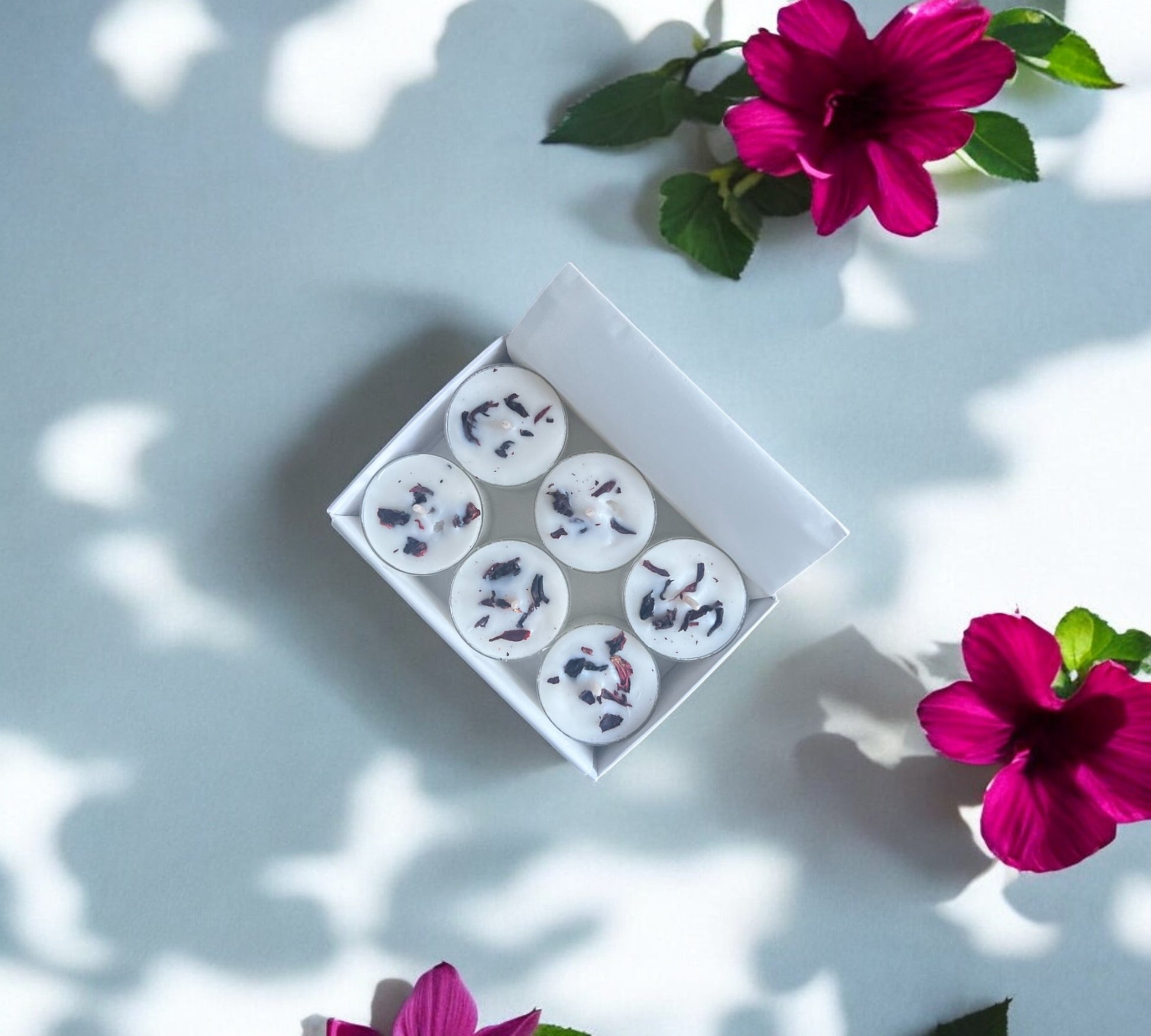 12 Dried Hibiscus Flowers Scented Tealights | Soy Wax Botanical Candles - Scented_Burn