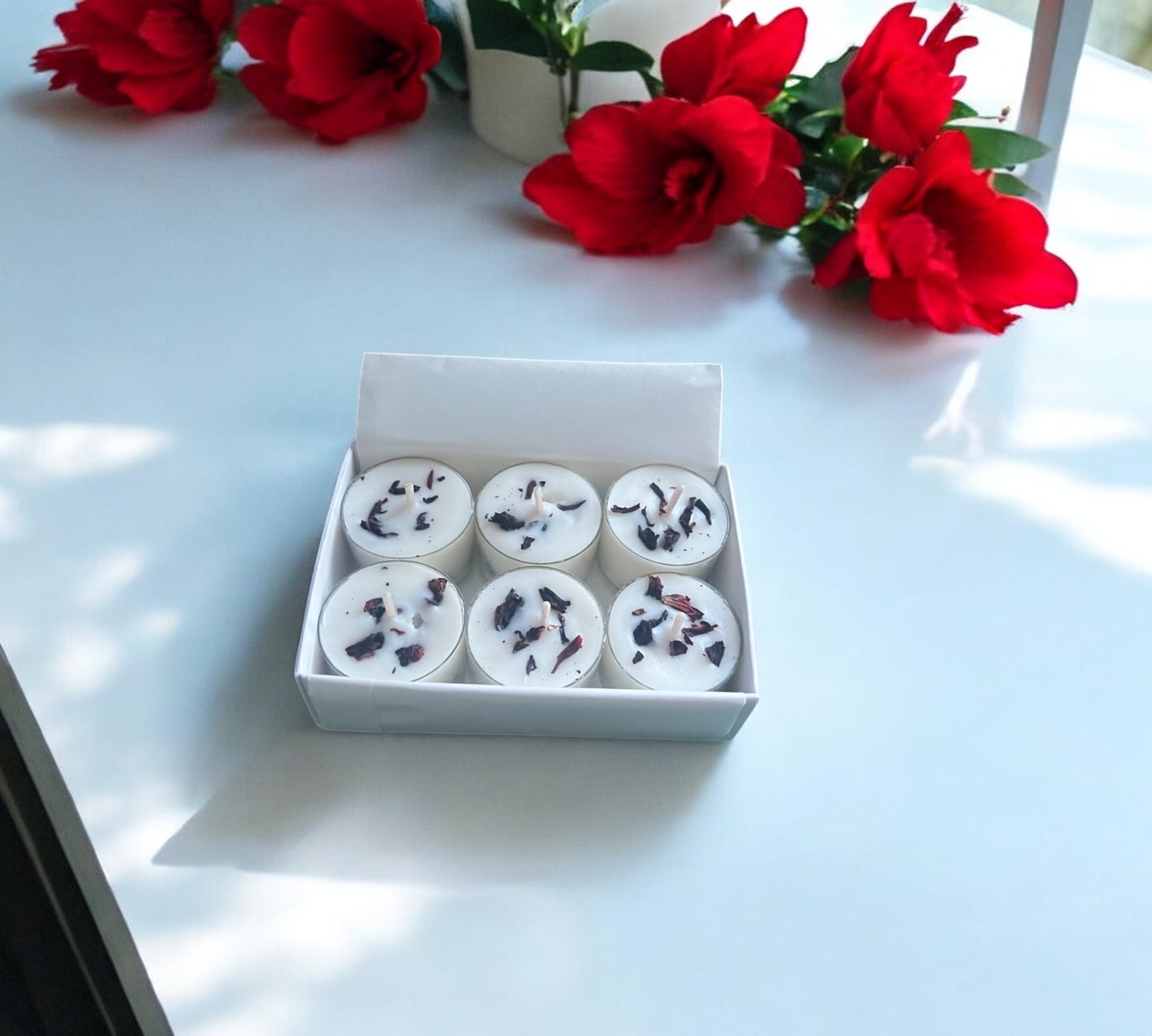 2 Dried Hibiscus Flowers Aromatherapy Tealights | Mineral Wax Botanical Candles - Scented_Burn