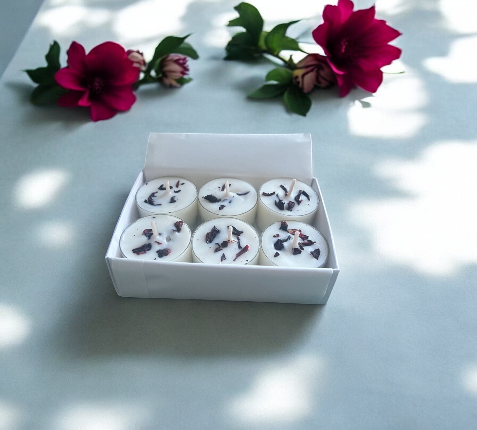 12 Dried Hibiscus Flowers Aromatherapy Tealights | Mineral Wax Botanical Candles - Scented_Burn