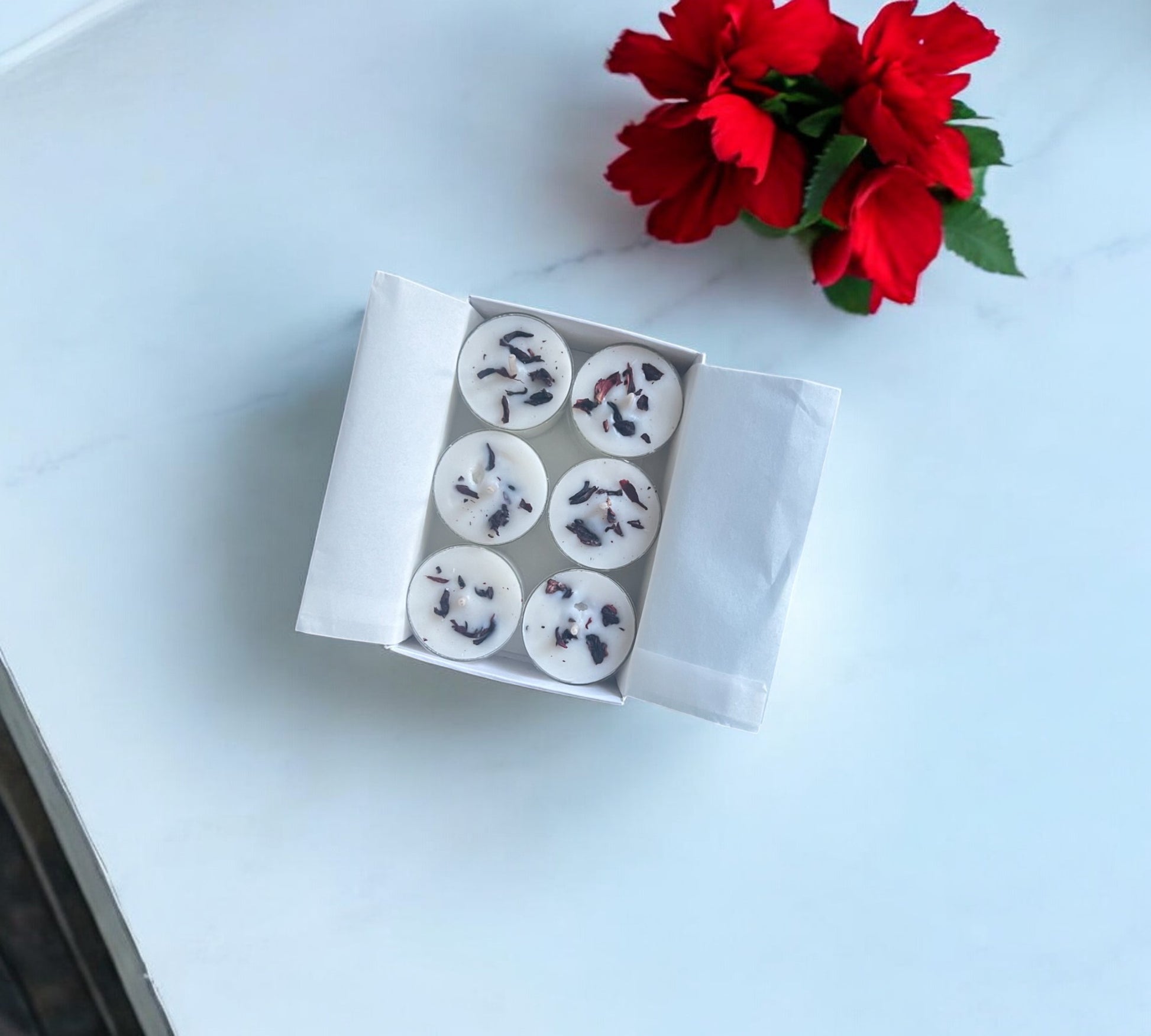 2 Dried Hibiscus Flowers Aromatherapy Tealights | Mineral Wax Botanical Candles - Scented_Burn