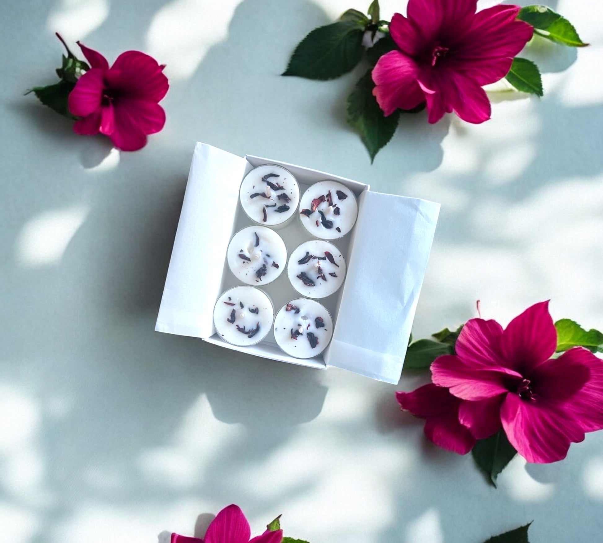 12 Dried Hibiscus Flowers Aromatherapy Tealights | Mineral Wax Botanical Candles - Scented_Burn