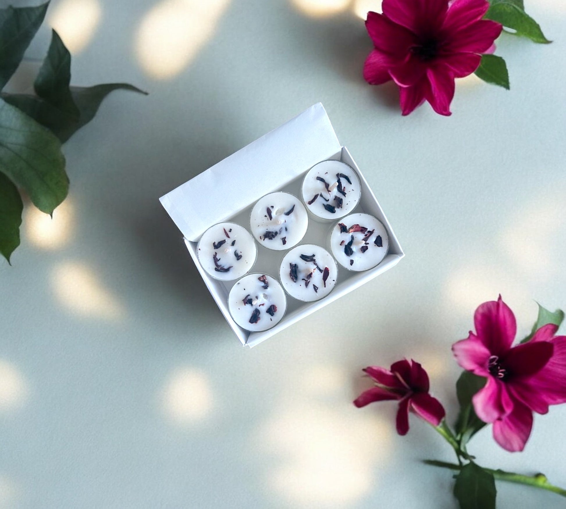 12 Dried Hibiscus Flowers Aromatherapy Tealights | Coconut & Rapeseed Botanical Candles - Scented_Burn