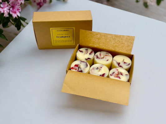 Dried Rose Petals Scented Tealights | Mineral Wax Botanical Candles | Pack of 6 - Scented_Burn