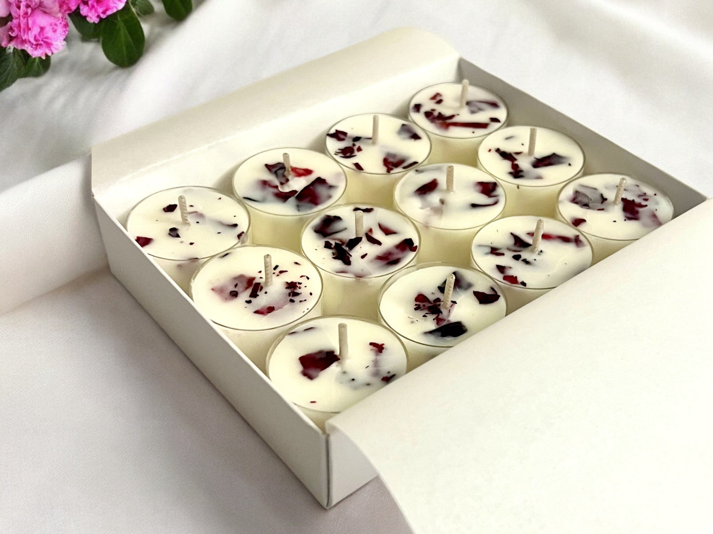 Dried Rose Petals Scented Tealights | Coconut & Rapeseed Botanical Candles | Pack of 12 - Scented_Burn
