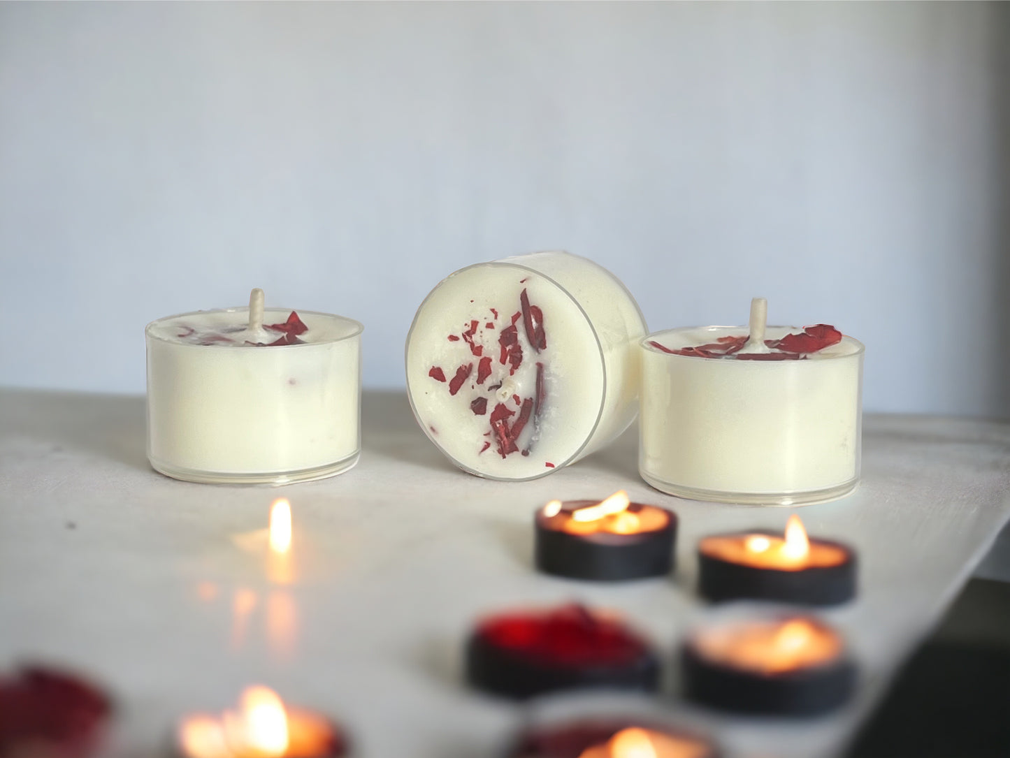 Dried Rose Petals Scented Tealights | Mineral Wax Botanical Candles | Pack of 12 - Scented_Burn