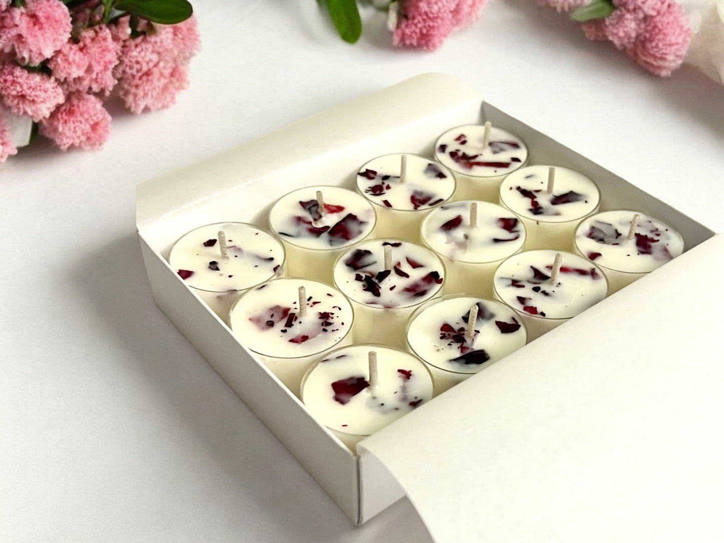 Dried Rose Petals Scented Tealights | Mineral Wax Botanical Candles | Pack of 12 - Scented_Burn