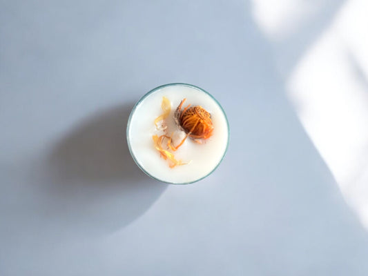 2 Dried Marigold Flowers Aromatherapy Tealights | Mineral Wax Botanical Candles - Scented_Burn