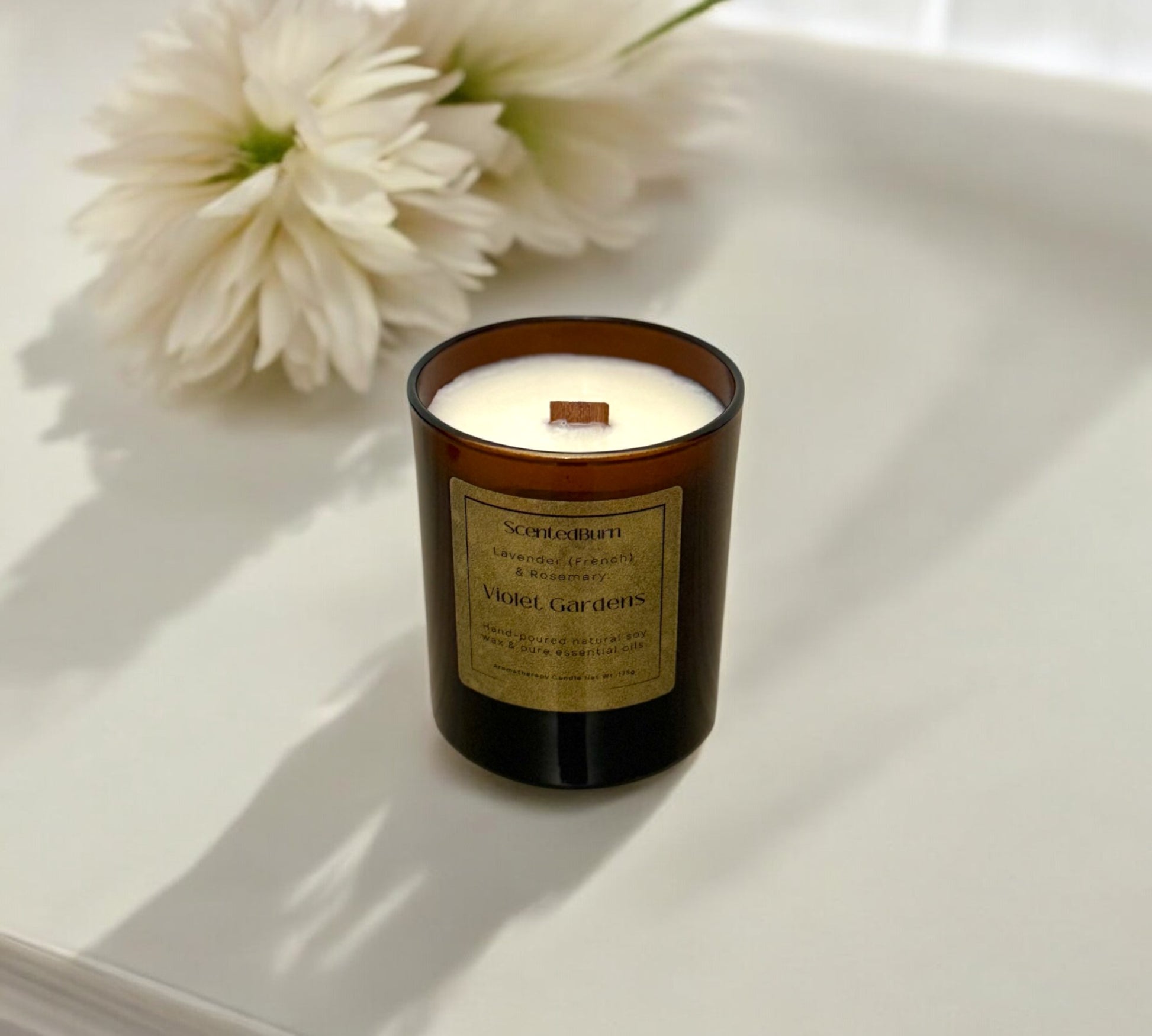 Violet Gardens Aromatherapy Candle | Coconut Soy Wood Wick 165g - Scented_Burn Candle Co.