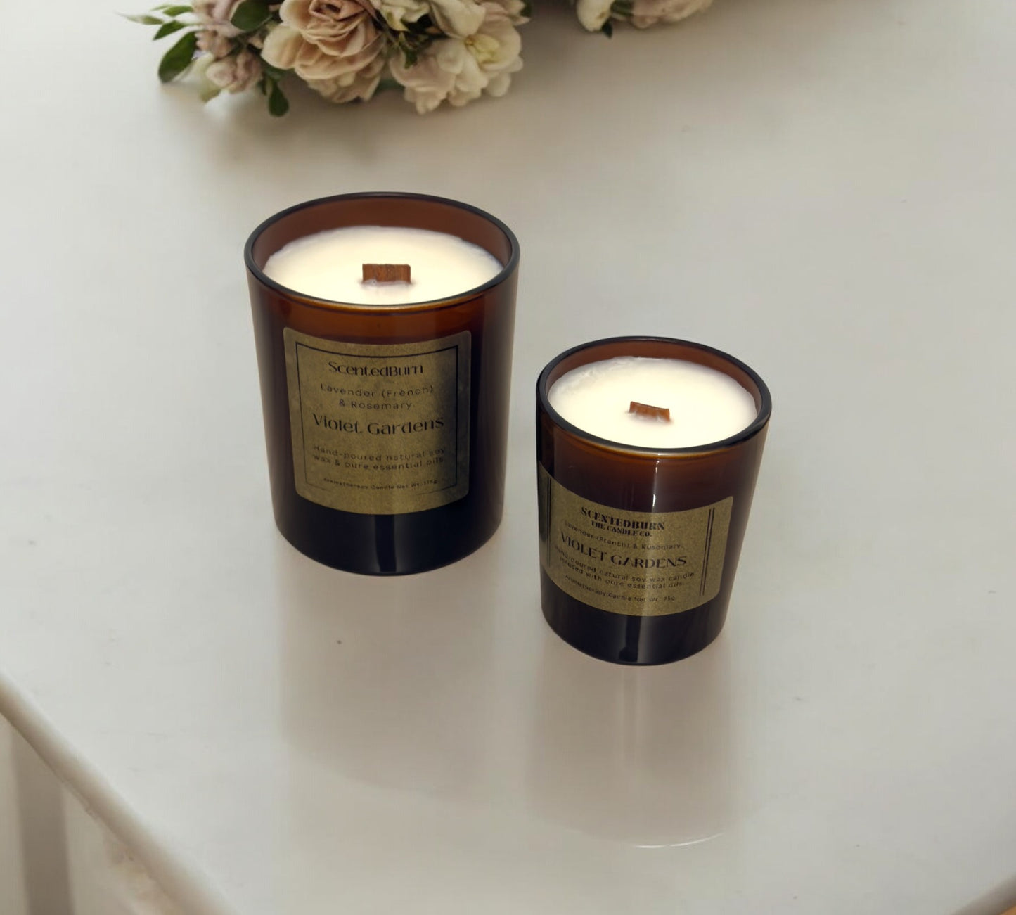 Violet Gardens Aromatherapy Candle | Coconut Soy Wood Wick 165g - Scented_Burn Candle Co.